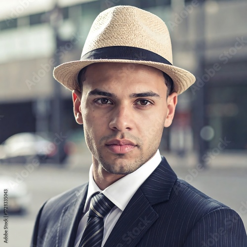 Man in a straw hat and suit, urban setting