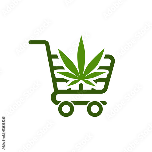 Shopping cart with marijuana or cannabis leaf icon isolated on white background