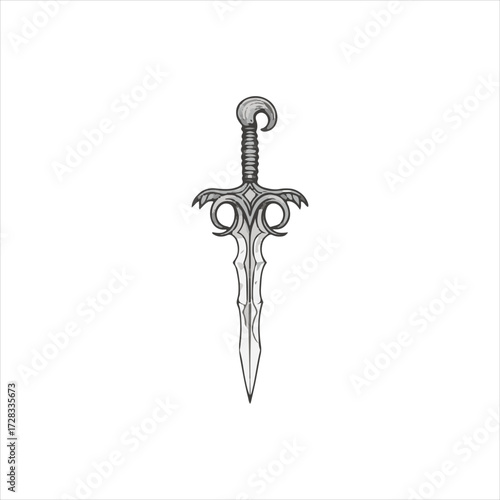 A detailed black and white illustration of an ornate, fantasy-style sword with a decorative hilt and a pointed blade.
