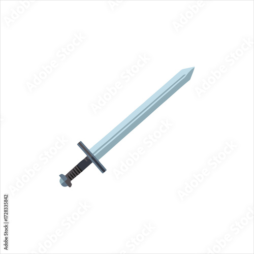 An isolated, stylized, silver-colored sword with a black handle, presented on a clean white background.