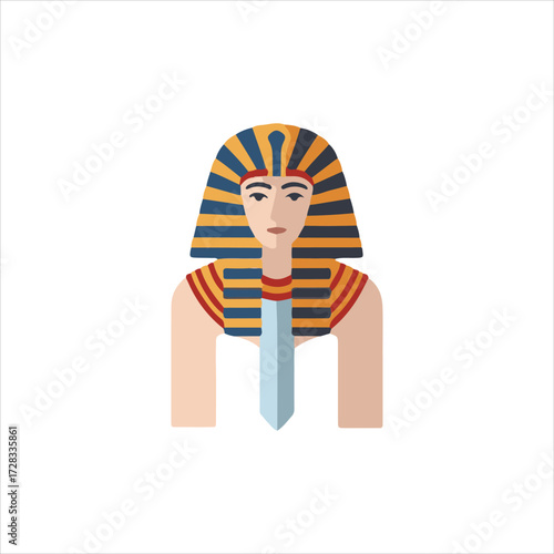 Flat illustration of a stylized Egyptian pharaoh bust, isolated on white background.