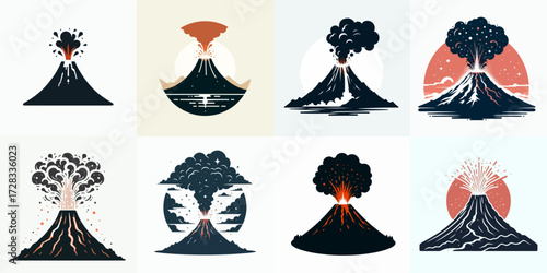 vector illustration set of silhouettes of Mount Merapi erupting