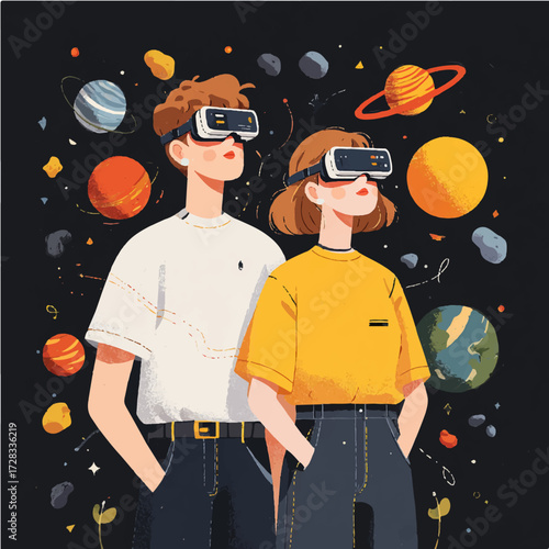 A boy and a girl in virtual reality glasses are looking at space, the solar system with planets