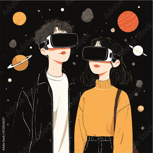 A boy and a girl in virtual reality glasses are looking at space, the solar system with planets