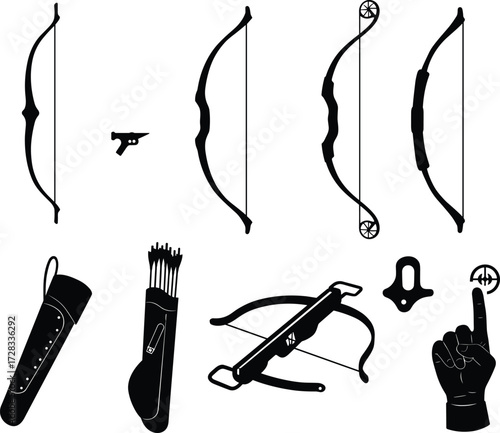 Archery bows, arrows, quivers, crossbow silhouette, medieval hunting weapons, traditional archery equipment, sports gear, target shooting design, black vector illustration icons