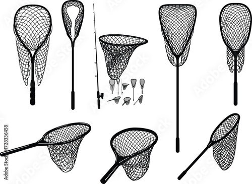 Fishing nets collection with detailed silhouette design, fishing rod, angling equipment, outdoor tools, fish catching gear, professional fisherman accessories, hobby