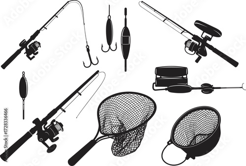 Fishing rods, reels, hooks, floats, landing nets, tackle equipment, angling tools, sport fishing accessories, outdoor hobby gear, fisherman supplies illustration