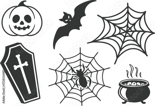 A black cartoon set of Halloween icons illustration showing a vector design with a witch hat silhouette
