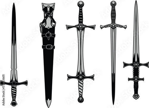 Medieval swords, fantasy blades, knight weapon collection, steel sword illustration, battle gear, ancient weapon set, vintage dagger, warrior armory, gothic design, armor icons