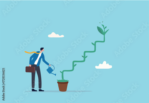 Growth step or career path, job improvement stair or growing investment or stair to success, mentorship concept, businessman watering seedling plant growing up as stair to climb to reach success.