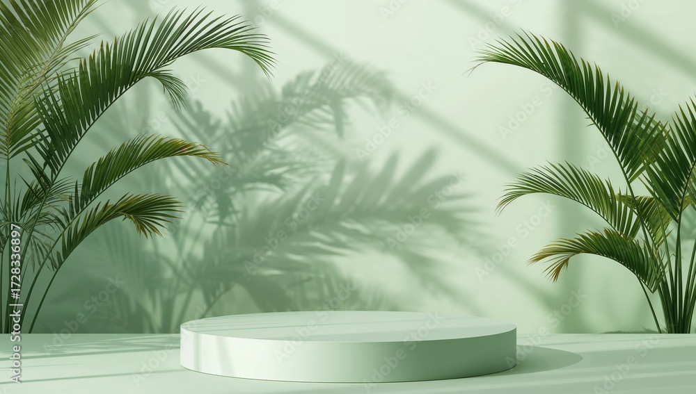 Fototapeta premium A pale green, circular podium is subtly highlighted against a backdrop of tropical plants, casting soft shadows on a light mint-colored wall.