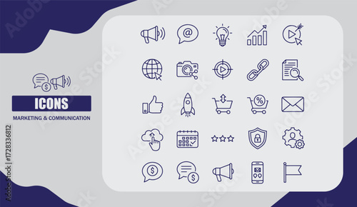  Flat Marketing and Communication Icon Set for Digital Media, Business Strategy, and Corporate Branding