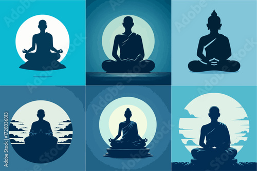 vector illustration set of meditation monks on blue background