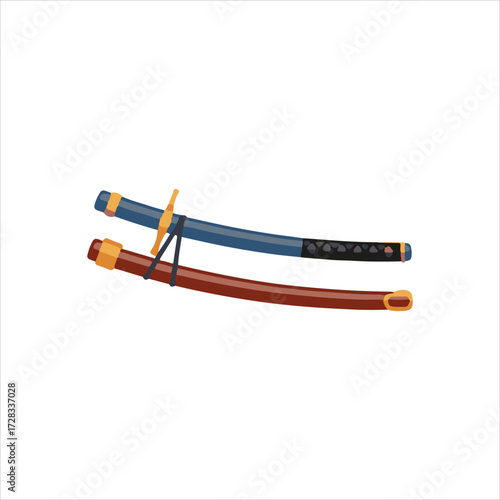Illustration of a katana sword with a blue handle and a brown scabbard, both lying horizontally.