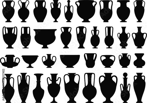 Ancient Greek vase silhouettes, classical pottery icons, amphorae, kraters, hydriae, black vector illustration, historical design, ceramic shapes, art history
