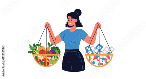 A woman balancing a scale with fresh produce on one side and medication on the other.