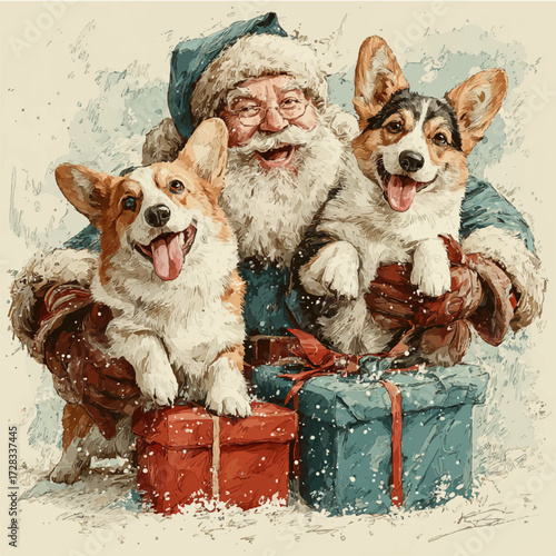 New Year's picture of Santa Claus and a corgi, Christmas, postcard