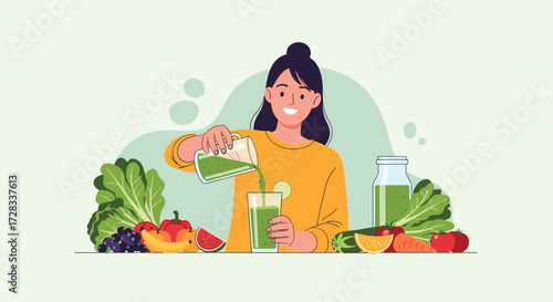 Healthy lifestyle a woman pours green juice surrounded by fresh fruits and vegetables for a nutritious diet.