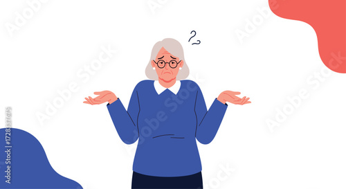 An elderly woman expressing confusion and frustration with her hands outstretched.