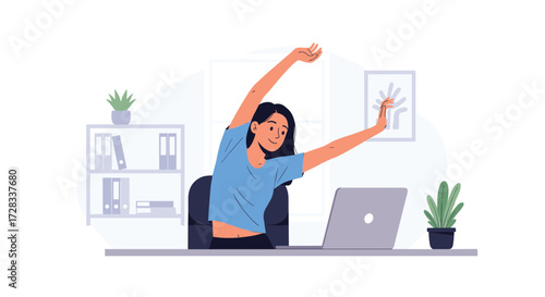 A woman stretches her arms to the side while sitting at her desk with a laptop.