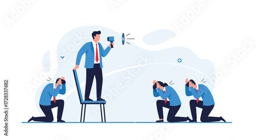 A determined manager with a megaphone yelling at his subordinates who are kneeling down on the floor.