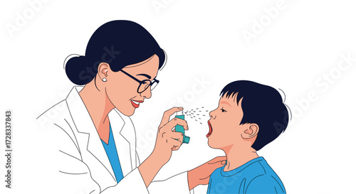 A doctor is using a nasal spray on a young boy for his treatment.