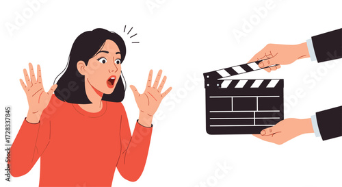 Actress reacting with shock and surprise as a movie clapperboard is brought near her on set.