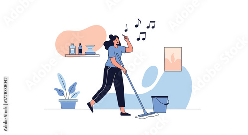 Woman cheerfully cleaning her home while listening to music and dancing.