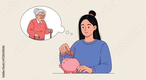 A young woman is saving money in a piggy bank thinking of her grandmother's financial needs.