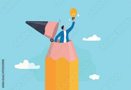 Creative idea, inspiration or imagination to think about new idea, creativity, knowledge learning or writing content concept, young creative man open pencil top discover new lightbulb idea. 