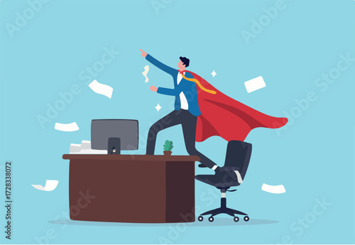 Effective work, productive office effort or efficiency, motivation to finish task or accomplishment, solution idea, performance or challenge concept, businessman superhero finish work on office desk.