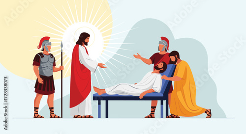 Jesus healing a sick man with a halo and soldiers present.