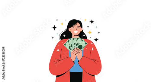 A joyful woman is holding a fan of cash money and sparkles are around her head.