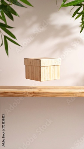 A rustic wooden block rests atop a weathered shelf, showcasing its natural grain and texture, surrounded by soft, ambient lighting that highlights its charm.