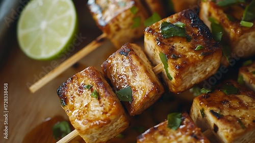 Marinated tofu served on bamboo skewers with and lime wedges