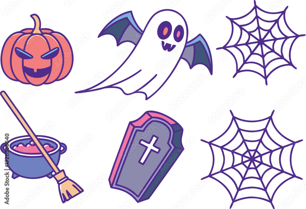 Fototapeta premium A fun set of cute Halloween icons featuring a cartoon pumpkin, ghost, cat, and bat vector illustration design for a holiday night