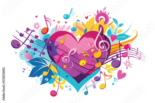 Vibrant Heart Shape Surrounded By Colorful Music Notes And Abstract Elements love treble clef