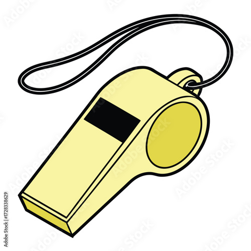 Yellow Plastic Whistle With Black Lanyard On White Background string