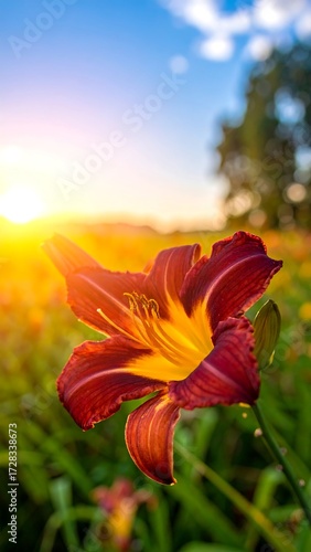 A vibrant daylily, sunset hues, blurred background