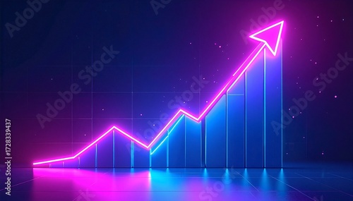 A vibrant neon-colored arrow pointing upward, featuring a gradient of electric blue, hot pink, and bright yellow hues, set against a dark background.
