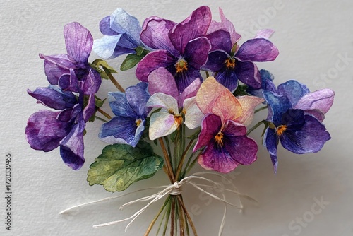 Charming Bouquet of Colorful Violets With Delicate Ties on a Soft Backdrop Generative AI