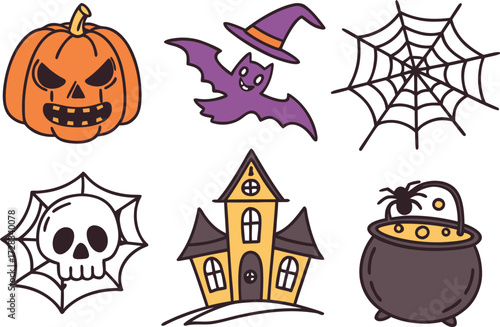 This Halloween vector set features cartoon icons like a spooky pumpkin, bat, ghost, witch's hat, skull, spider, and black cat illustration