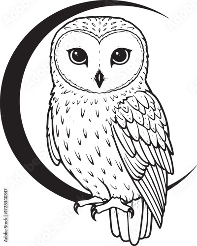 Minimal owl with crescent moon vector illustration, abstract line art animal logo on white background