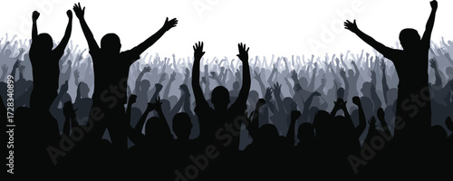 Crowd silhouette vector, cartoon-style raised hands and cheering figures at concert or rally, editable celebration and unity illustration for design use