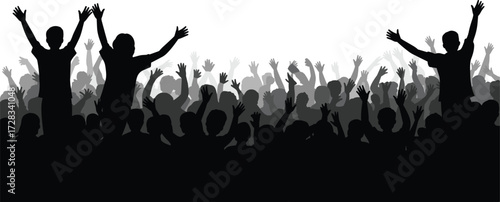 Crowd silhouette vector, cartoon-style raised hands and cheering figures at concert or rally, editable celebration and unity illustration for design use