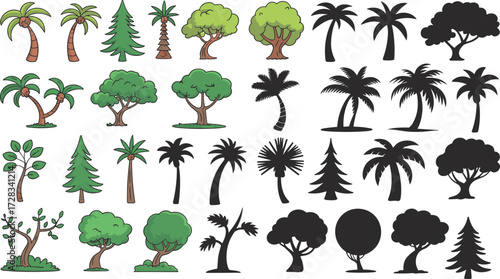 Tree icon vector set, colorful and silhouette styles of palm, conifer, and deciduous trees, editable nature illustrations for design and education