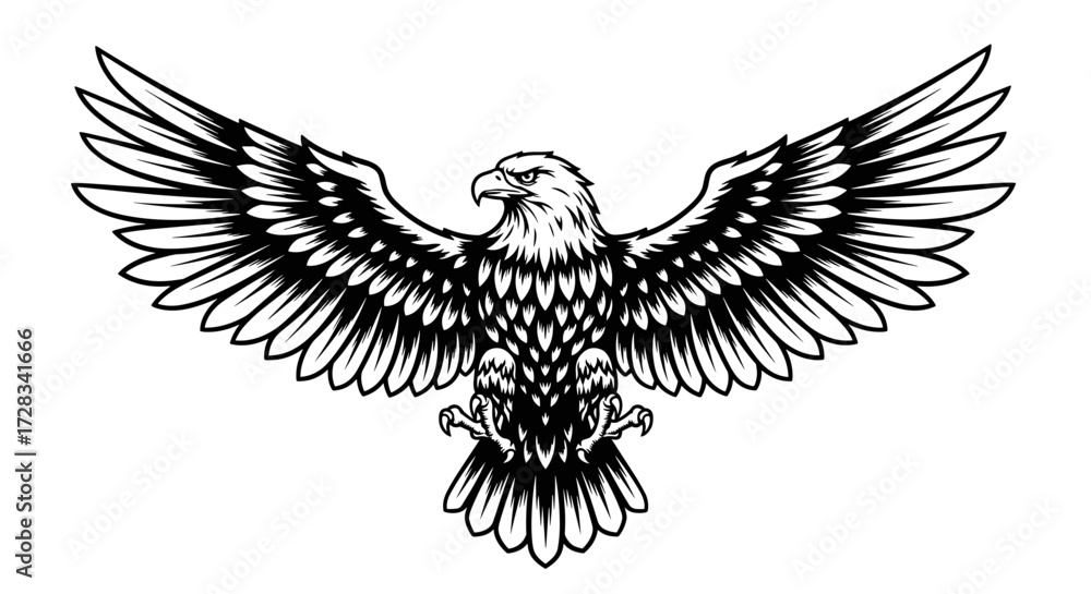 Obraz premium Majestic Bald Eagle with Spread Wings Illustration, Vintage Black and White Design for American Patriotism, Strength, and Freedom Concepts
