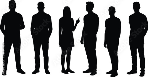 Human silhouette vector set, six standing figures in formal attire, cartoon-style icons for group dynamics, interaction, and professional communication