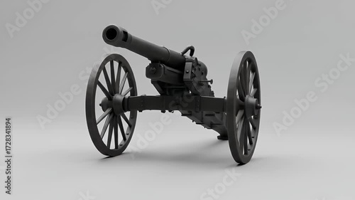 Matte black cannon with large wooden wheels on a plain grey background