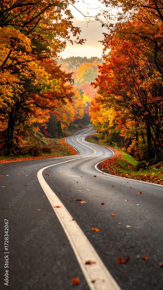 Fototapeta premium Winding asphalt road through vibrant autumn foliage